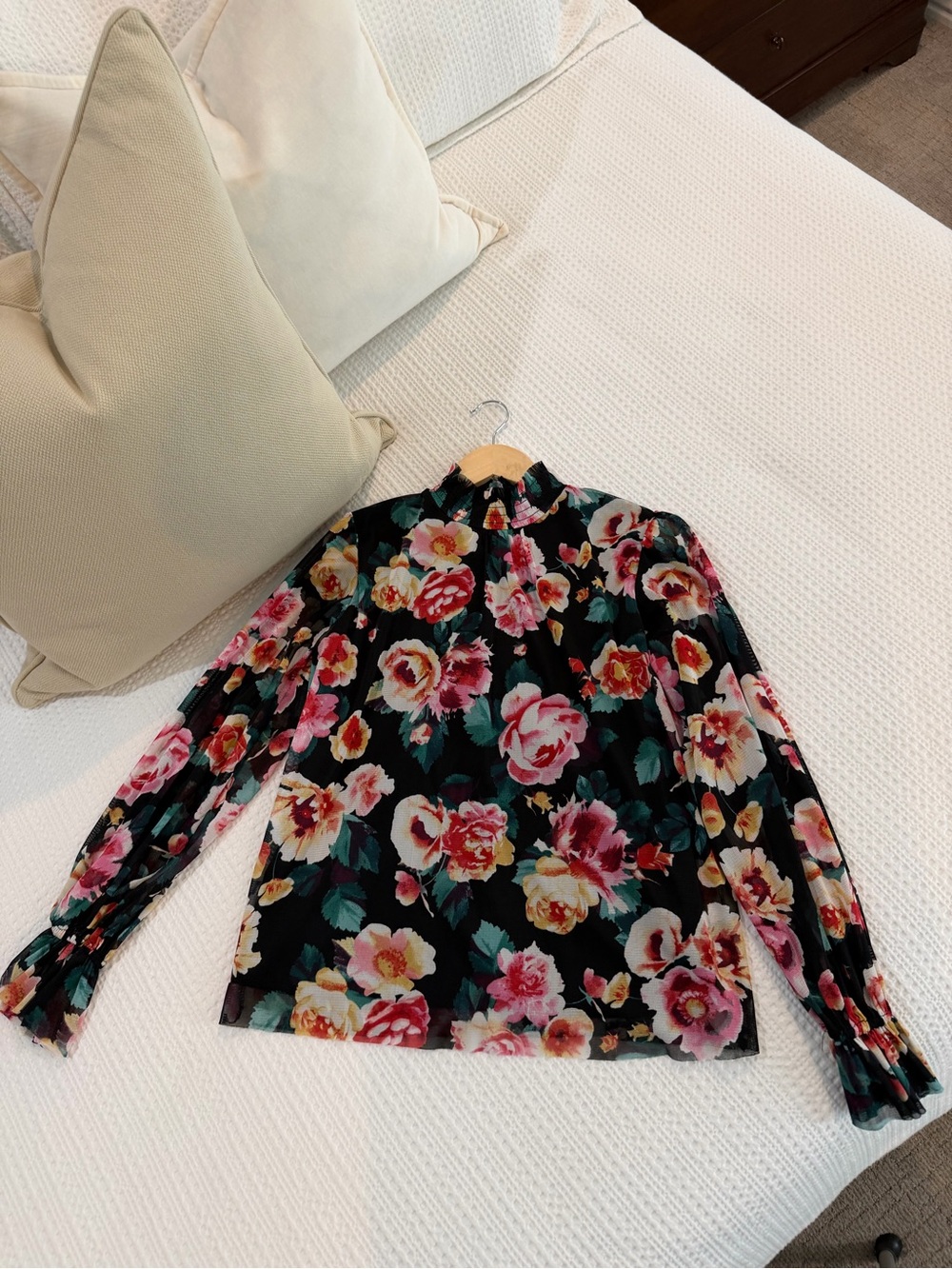 Floral Ruffle-Neck Long-Sleeve Blouse